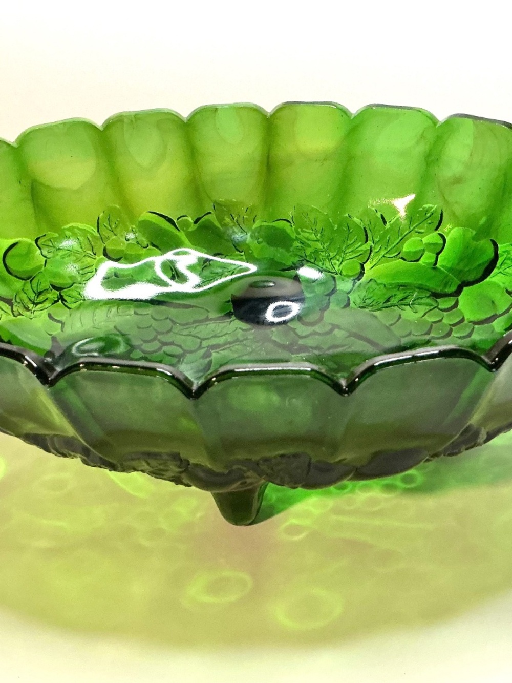Green Glass Grape & Leaf Oval Footed Bowl, Scalloped Rim, 12 in